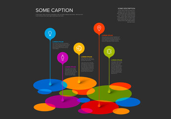 Dark Infographic template with droplet pointers on big color circles sections