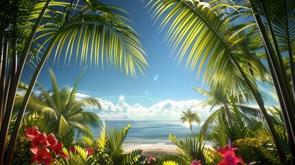 Fototapeta premium Tropical Beach Paradise with Lush Greenery and Blue Sky.