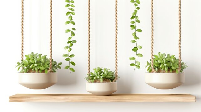 A set of wooden shelves hanging from ropes with plants in ceramic pots. Front racks on white wall background. Interior design element for room decoration, home furniture, realistic 3D illustration.