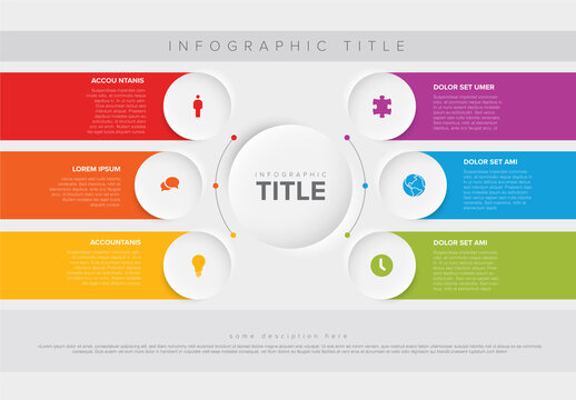 Big circle element with six items on color stripes multipurpose infographic template