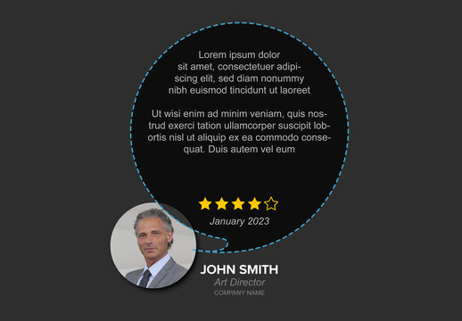 Person dark quote testimonial or review template with big speech bubble and photo placeholder