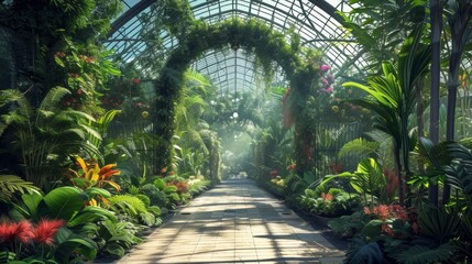 Enchanted Tropical Greenhouse Garden with Sunbeams. - obrazy, fototapety, plakaty
