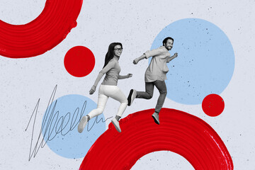 Composite photo collage of happy girl guy run hurry discount sale race leadership opportunity rush...