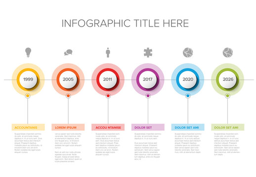Simple light minimalistic timeline layout template with six years in the rainbow color pastel circles