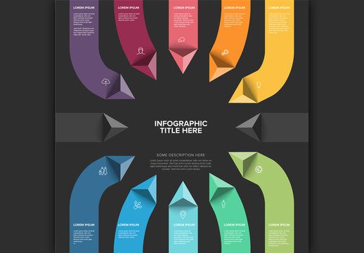 Multipurpose Dark Infographic template with ten pastel vertical color stripes with triangle arrows elements