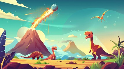 Earth's evolution with dinosaurs extinct due to meteorite collisions. Explosion of asteroid with erupting volcano in Jurassic, Cretaceous or Triassic periods. - obrazy, fototapety, plakaty