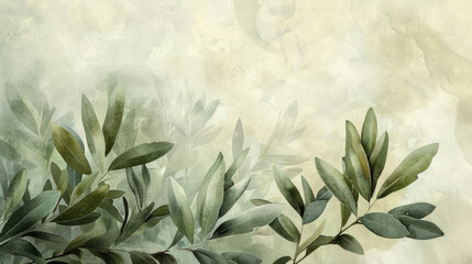 Watercolor painting of olive branches, capturing tranquility and harmony through gentle curves and subtle colors.