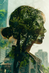 A creative blend of human figure, cityscape, and nature in a captivating double exposure image.