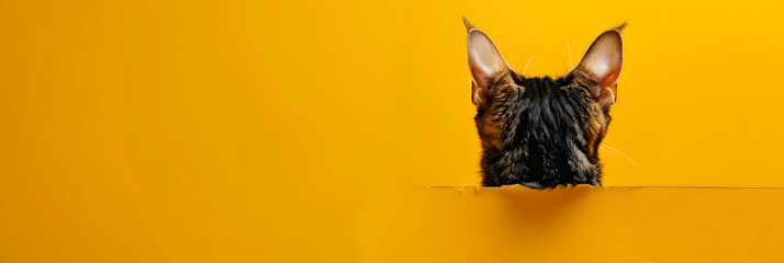 Only a cat's ears are visible, giving a mysterious and humorous vibe against a yellow backdrop - obrazy, fototapety, plakaty