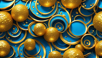 Hintergrund und Vorlage aus Kreisen und Kugeln in Gold und blau, wie Weihnachten Christbaum Schmuck, glitzernd glänzend edel 3D Design weihnachtlich Feiertage, Winter Neujahr festliche Dekoration