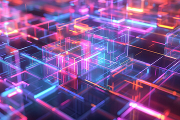 Luminous Network of Neon Cubes, Futuristic Digital Landscape in Vibrant Pink and Blue Hues