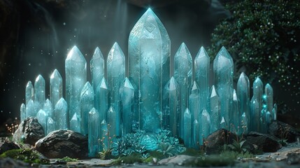 3D digital illustration of fantasy crystal blades with a teal shield as a heraldic display - obrazy, fototapety, plakaty