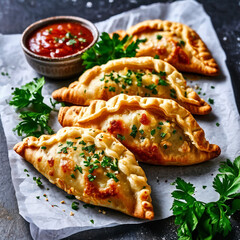 Savory Delight: Four Empanadas on Parchment Paper with Parsley - Homemade Meat Pies and Calzones Bursting with Flavor
