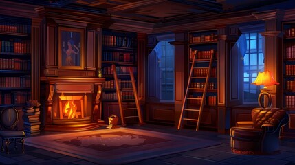 Cartoon illustration of a luxury old library interior at night with books on wooden shelves, ladders, cozy armchairs, glowing floor lamps, and closed windows, athenaeum place in the late evening.