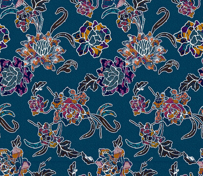 Colorful tie dye shibori print. Seamless hand drawn boho batik pattern. Ink textured japanese background. Modern batik wallpaper tile. Watercolor pattern for fabric, clothes, wallpaper. Ethnic design.