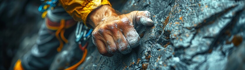 Close up of a climbers hands gripping a sheer rock face mirrorless - obrazy, fototapety, plakaty
