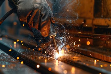 Close-up view of a welder using a torch to join metal, with sparks scattering in a vivid display of craftsmanship and industrial work - obrazy, fototapety, plakaty
