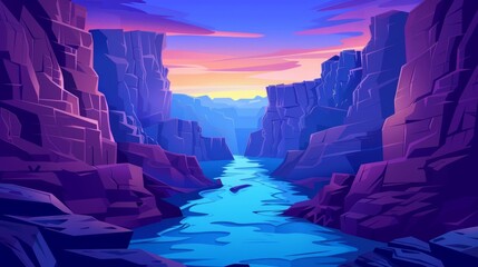 A mountain river flows through a canyon at night in a modern cartoon landscape of a nature park with cliffs and rocks. Grand Canyon national park in Arizona. - obrazy, fototapety, plakaty