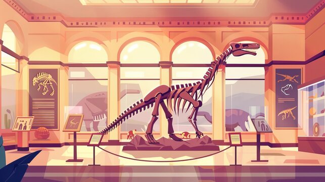 A cartoon illustration of an historical museum interior with dinosaur skeletons and archeological exhibits. Prehistoric animals and ancient artifacts are shown.