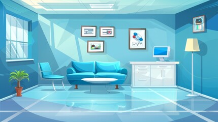 A cartoon modern illustration of a medical office interior with an empty clinic room, a doctor's office with a couch, chair, and washbasin, a locker for medicine, a table, computer, and banners