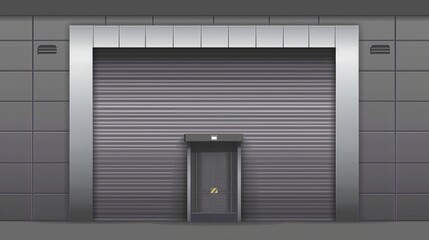 A metal rolling shutter stands out against a gray wall. This modern illustration illustrates a hallway in an industrial garage or warehouse with roller up blinds that can be closed and opened.