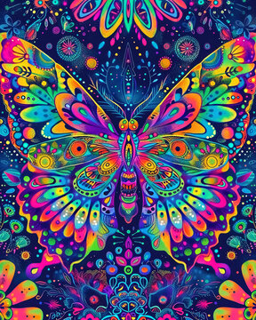 Psychedelic Neon Butterflies Background Design