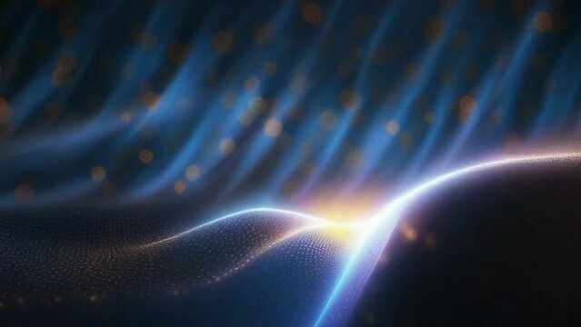 A computer generated image of a wave with orange and blue lights 4K motion