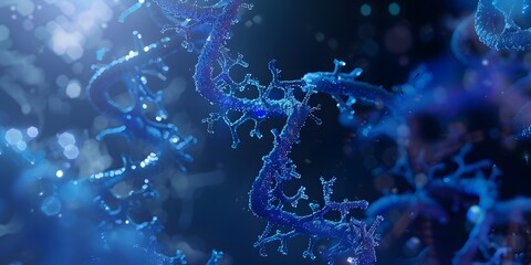 Explore the exciting world of genetic engineering with our stunning three-dimensional illustration featuring a blue molecule interacting with a futuristic lab plexus. - obrazy, fototapety, plakaty