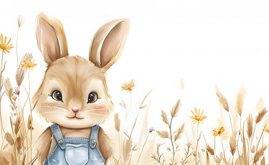 Boho Bunny Hunt: Field With Flowers, Kids' Illustration, Greeting Card with Copy Space - 781301870