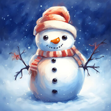 A cute snowman. winter holidays, Happy New Year, Merry Christmas. illustration. artificial intelligence generator, AI, neural network image. background for the design.