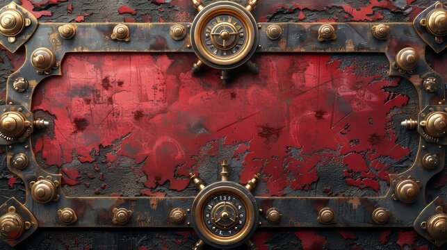 3D stereographic illustration of a red metal plaque with steampunk gear and victorian logo bordered by copper