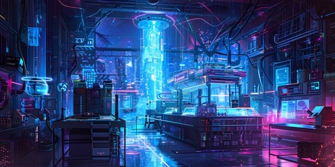 A futuristic laboratory filled with advanced technology and glowing machinery, surrounded by a vibrant cityscape.