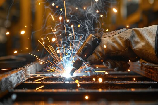 Close-up view of a welder using a torch to join metal, with sparks scattering in a vivid display of craftsmanship and industrial work