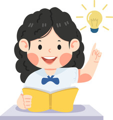girl student reading book with idea lamp