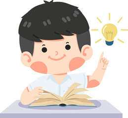 Kid student reading book with idea lamp - 781302262