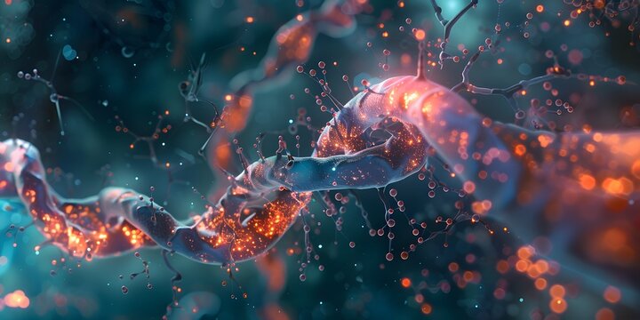 Experience the power of medical research with this stunning 3D abstract image featuring a shining genetic plexus and glowing chromosomes.
