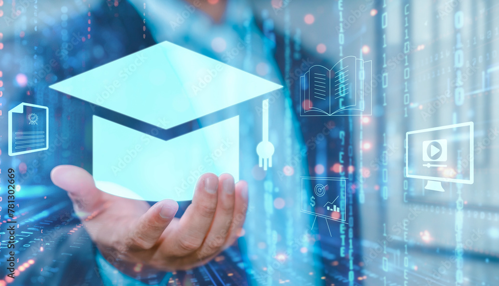 Aufkleber E-learning education, internet lessons and online webinar. Person who attends online lessons on a digital screen. Education internet Technology. Education Distance E-learning Online Learning..