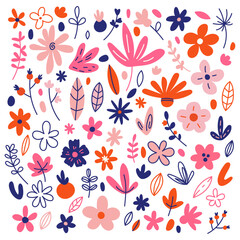 Floral collection of doodle flowers, leaves, branches and other nature elements.