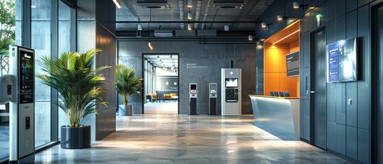 A contemporary office lobby adorned with digital signage displays, interactive kiosks, and biometric access points, showcasing the latest advancements in modern technology for ensuring secure access t