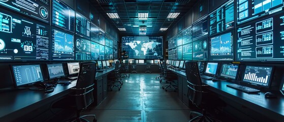 A sleek and minimalist cybersecurity operations center (SOC), with rows of monitors displaying real-time data analytics, threat detection algorithms, and network traffic analysis tools - obrazy, fototapety, plakaty