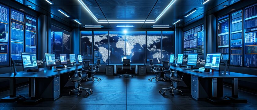 A sleek and minimalist cybersecurity operations center (SOC), with rows of monitors displaying real-time data analytics, threat detection algorithms, and network traffic analysis tools