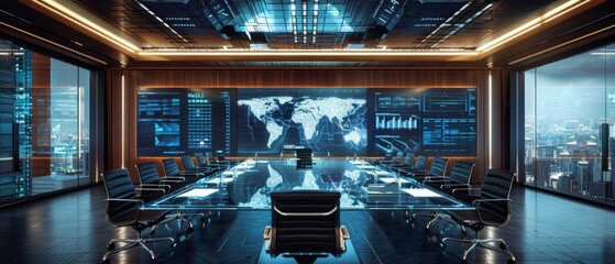 An executive boardroom featuring a sleek glass table surrounded by ergonomic chairs, with large screens displaying cybersecurity dashboards, encryption algorithms, and data protection protocols