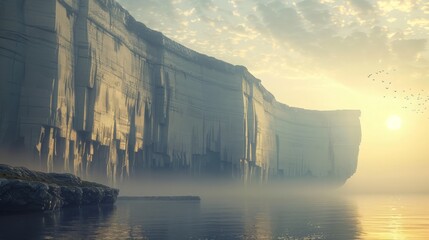 Discover a minimalist 3D-rendered scene where futuristic cliffs cascade into serene waters, bathed in the soft light of sunrise - obrazy, fototapety, plakaty