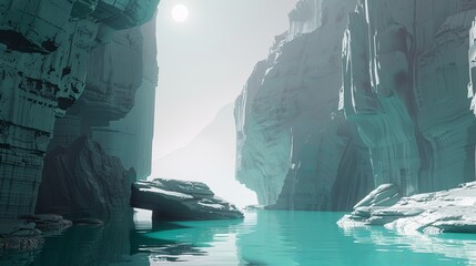 Discover a minimalist 3D-rendered scene where futuristic cliffs cascade into serene waters, bathed in the soft light of sunrise