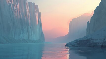 Discover a minimalist 3D-rendered scene where futuristic cliffs cascade into serene waters, bathed in the soft light of sunrise