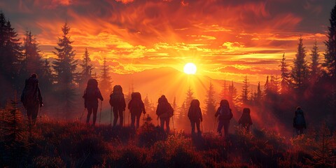 Adventure awaits as a group of young hikers conquer the mountain top during sunrise.