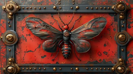 This steampunk border features a red background and a beautiful illustration of a mechanical insect in 3D