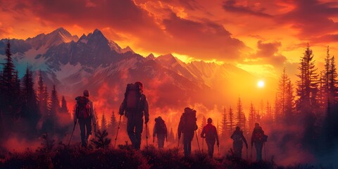A group of young adventurers trekking through a dense forest towards the top of a mountain during sunrise, with backpacks and hiking gear in tow, surrounded by a stunning autumn landscape.