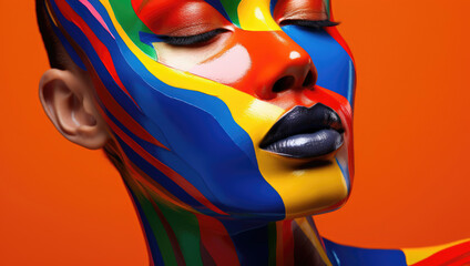 Close-up of a face with vivid multicolored paint covering skin in sleek, flowing lines, embodying...