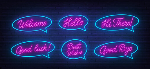 Welcome, Hello, Hi There, Good Luck, Best Wishes, Good Bye Neon Script Quotes on brick wall  background.